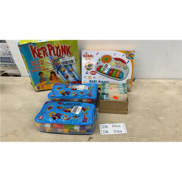 Mattel KerPlunk Game, Kiddo Lab Baby Piano and Dj Mixer, Creative Link Building Blocks, and More