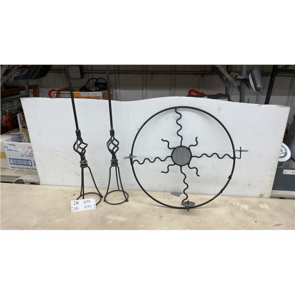 Wrought Iron Twisted Stem Floor Candle Holders and Circular Sun Motif Candle Sconce