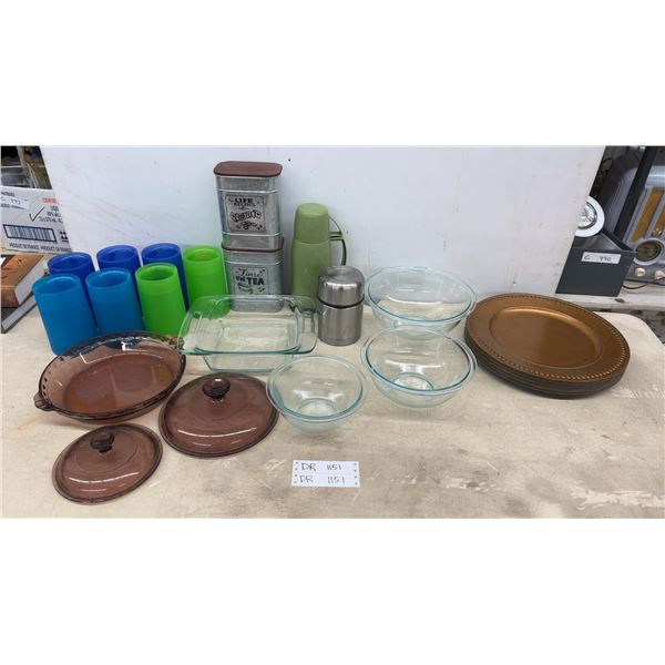 Pyrex Glass Baking Dishes, Charge Plates, Thermoses, and More