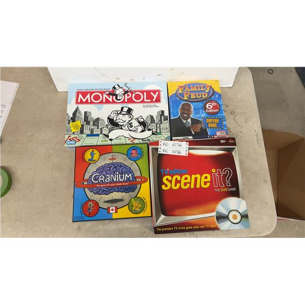 Monopoly Property Trading Game, Cranium, Scene It? TV Edition DVD Game, and Family Feud