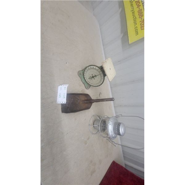 Kitchen Scale, Metal Utility Scoop, and Railway Kerosene Lantern