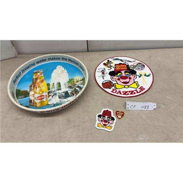 Grain Belt Beer Advertising Tray and Shrine Circus Dazzle Clown Patches