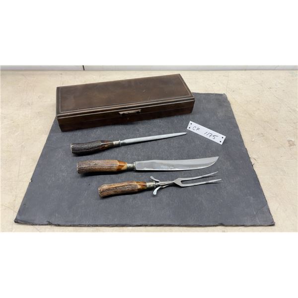 J.A. Henckels Twin Brand Three-Piece Carving Set with Antler Handles and Wooden Box