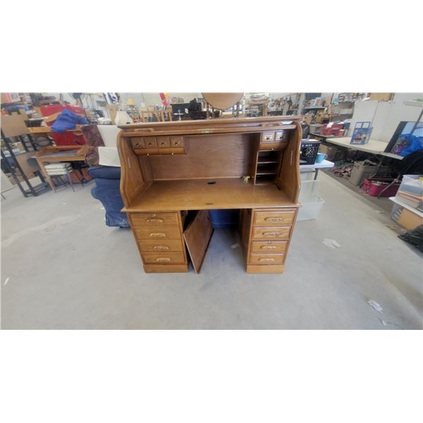 Oak Roll-Top Desk with Multiple Drawers and Interior Storage Compartments 52 x 29 x 23"