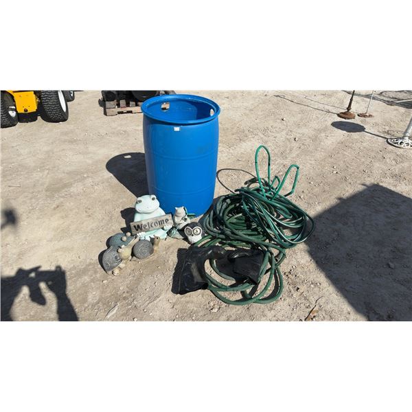 Blue Plastic Barrel, Garden Hose, Decorative Frog Welcome Sign, and More