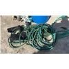 Image 3 : Blue Plastic Barrel, Garden Hose, Decorative Frog Welcome Sign, and More