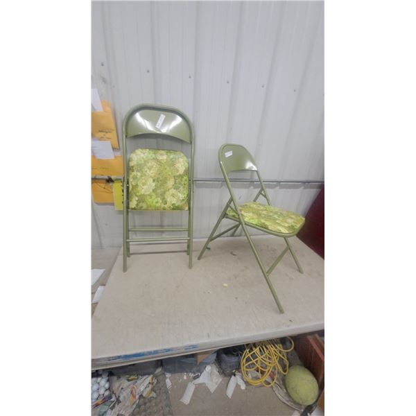 Pair of Vintage Olive Green Metal Folding Chairs with Floral Upholstered Seats and Backs