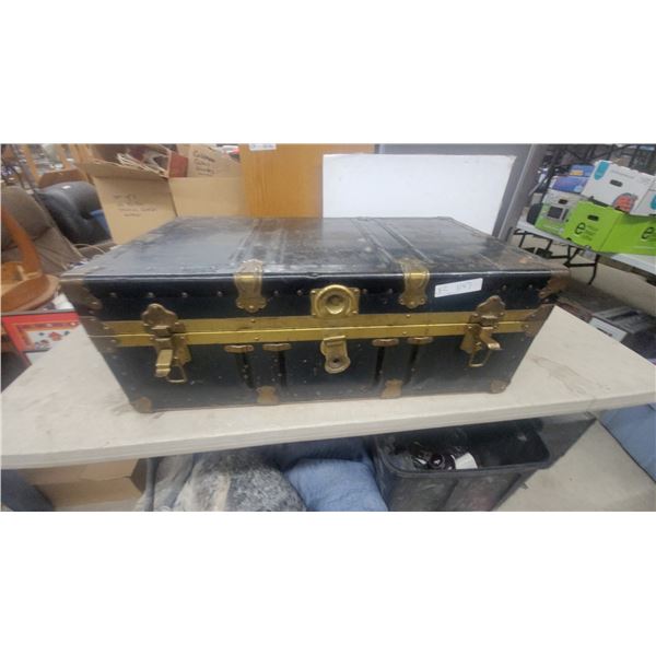 Antique Black Steamer Trunk with Brass Hardware and Center Banding 13 x 36 x 21"