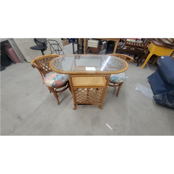 Bristro Table with Glass Top and Two Matching Lattice-Back Chairs 30 x 39 x 20"