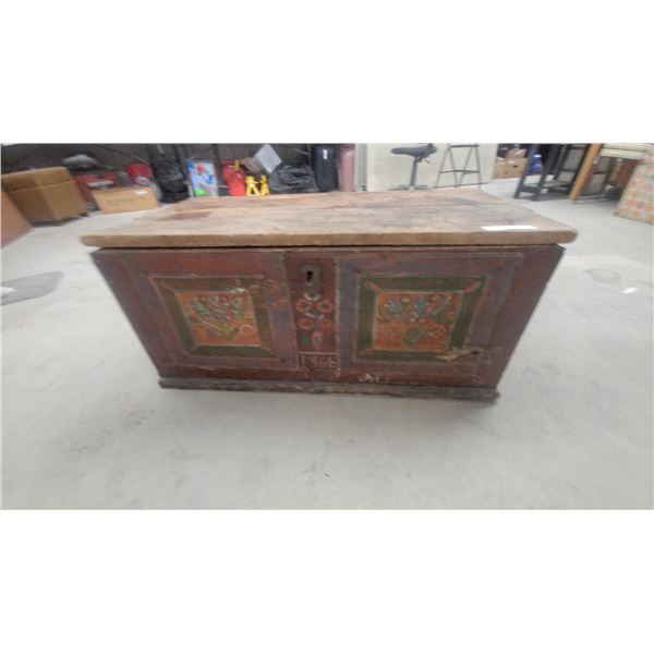 Antique Hand-Painted Folky Wooden Immigrant Trunk with Floral Motifs, Dated 1867 17 x 36 x 18"