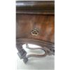 Image 8 : Baroque Revival Style Walnut Veneer Display Hutch with Carved Pediment and Marquetry Inlay 73 x 47