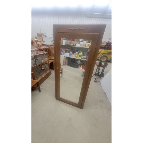 Wooden Wardrobe with Full-Length Mirror and Carved Leaf Accent 66 x 30 x 20"