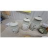 Image 2 : Set of Three Pottery Lidded Canisters with Green Leaf Pattern, Teapot, Plates, and More