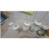 Image 3 : Set of Three Pottery Lidded Canisters with Green Leaf Pattern, Teapot, Plates, and More