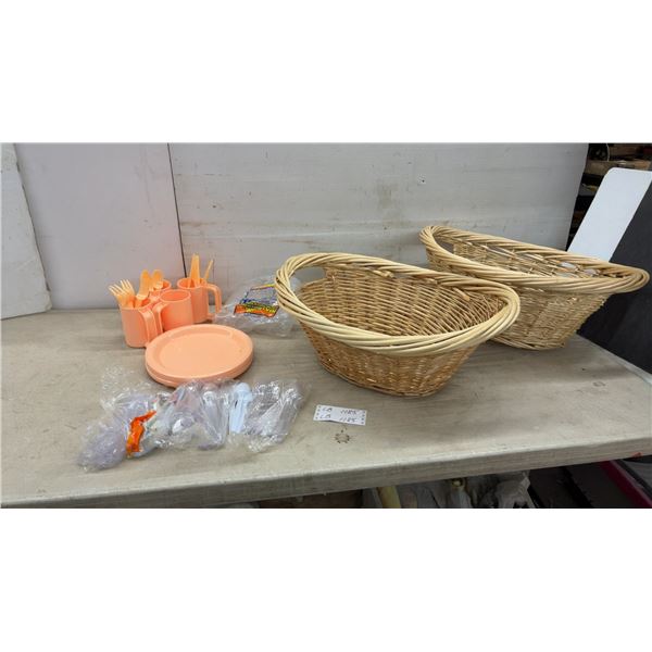 Two Wicker Baskets with Handles, Peach Plastic Picnic Dinnerware Set, and More