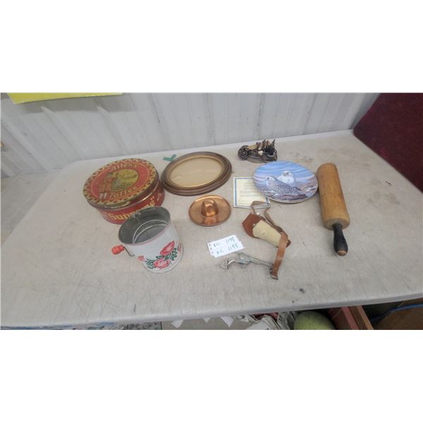 Allen's Toffee Tin, Vintage Flour Sifter, Owl Collector Plate, Rolling Pin, and More