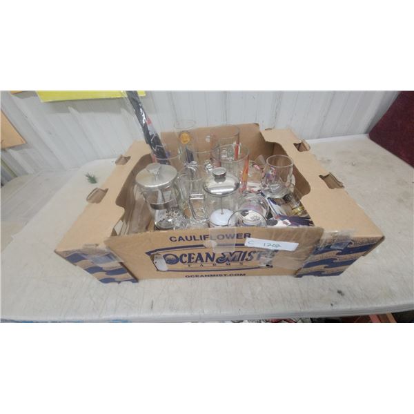 Assorted Branded Drinking Glasses, Cocktail Shakers, Sports Coasters, and More
