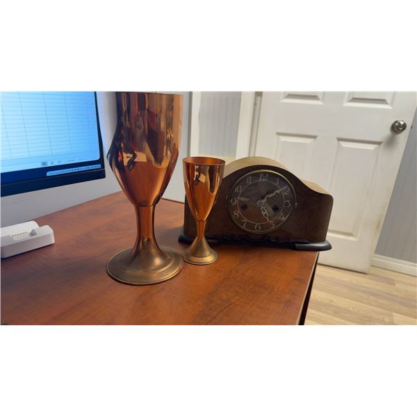 Art Deco Burl Wood Veneer Mechanical Mantel Clock, circa 1920s-1940s, and Two Copper Goblets.