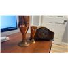 Image 1 : Art Deco Burl Wood Veneer Mechanical Mantel Clock, circa 1920s-1940s, and Two Copper Goblets.