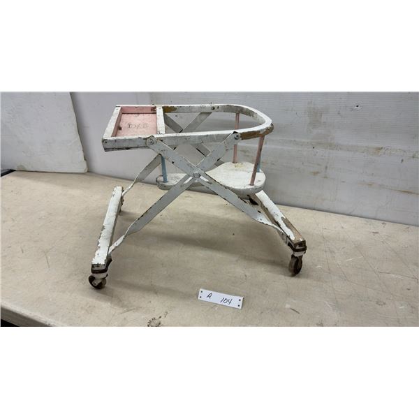 Vintage Wooden Baby Walker with X-Frame, Tray, and Caster Wheels