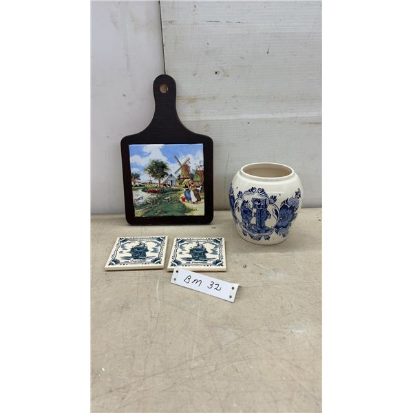 Delft Ceramic Tobacco Jar, Dutch Windmill Tile Trivet, and Holland America Coasters