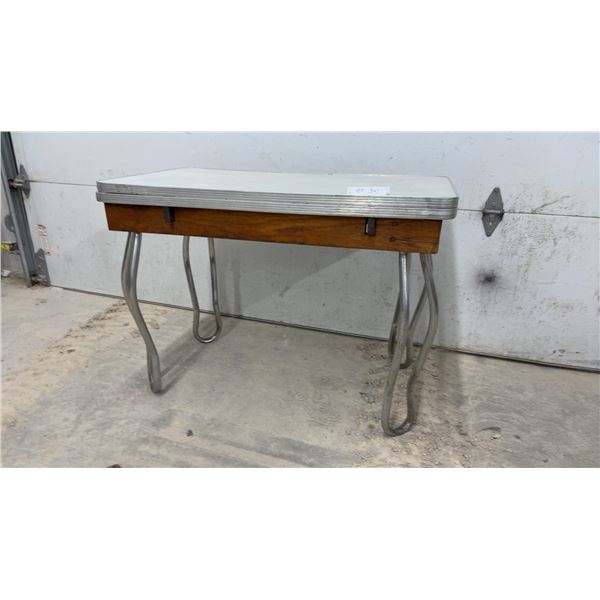 Vintage Mid-Century Drop-Leaf Table with White Laminate Top and Tubular Steel Legs, 30 1/2 x 42 x