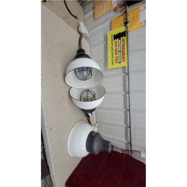 Vintage Industrial Enamel Pendant Light Fixtures with Wire Cage Bulb Guards, Set of Three