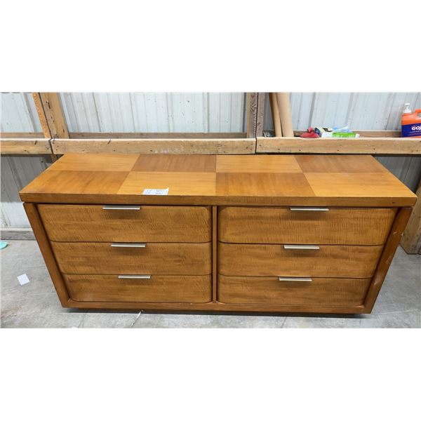 Mid-Century Modern Six-Drawer Dresser with Checkered Top and Metal Pulls 68 x 19 x 32