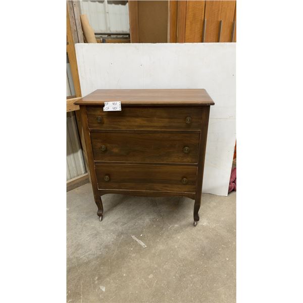 Vintage Three-Drawer Walnut Chest of Drawers with Cabriole Legs and Casters 32 x 17 x 37