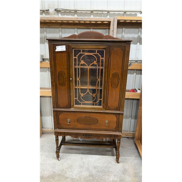 Vintage Wooden China Cabinet with Glass Door, Fretwork, and Drawer on Casters 34 x 16 x 65