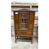 Image 1 : Vintage Wooden China Cabinet with Glass Door, Fretwork, and Drawer on Casters 34 x 16 x 65