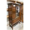 Image 2 : Vintage Wooden China Cabinet with Glass Door, Fretwork, and Drawer on Casters 34 x 16 x 65