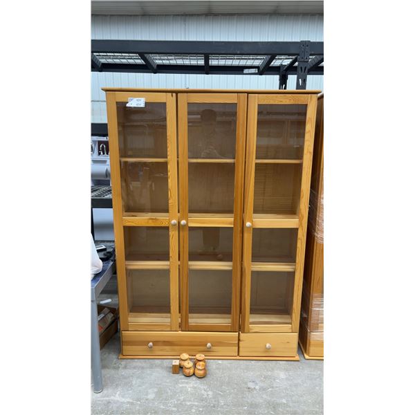 2-Section Pine Display Cabinet with Glass Doors and 2 Drawers 48 x 14 x 70