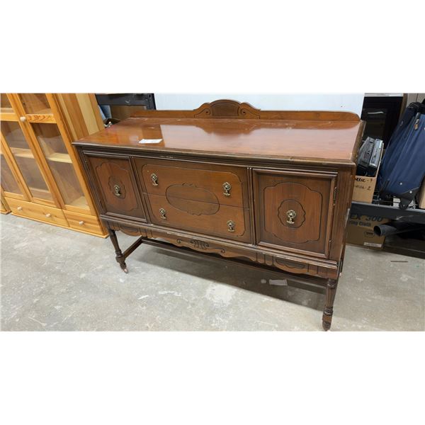 Vintage Walnut Buffet Sideboard with Brass Hardware and Decorative Back Panel 20 x 56 x 41