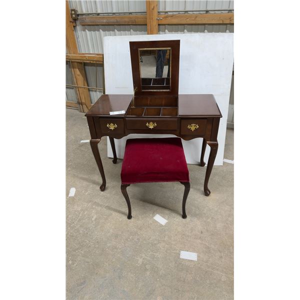 Queen Anne Style Cherry Vanity 38 x 18 x 30 with Flip-Top Mirror and Upholstered Bench
