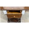Image 3 : Vintage Wooden Drop-Leaf Tea Cart with Carved Scrollwork, Drawer, and Spoked Wheels 25 x 16 x 28