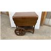 Image 4 : Vintage Wooden Drop-Leaf Tea Cart with Carved Scrollwork, Drawer, and Spoked Wheels 25 x 16 x 28