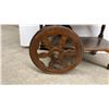 Image 5 : Vintage Wooden Drop-Leaf Tea Cart with Carved Scrollwork, Drawer, and Spoked Wheels 25 x 16 x 28