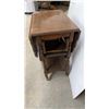 Image 6 : Vintage Wooden Drop-Leaf Tea Cart with Carved Scrollwork, Drawer, and Spoked Wheels 25 x 16 x 28