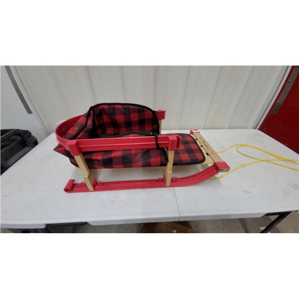 Streamridge Baby Boggan Wooden Sled with Buffalo Plaid Pad and Safety Harness