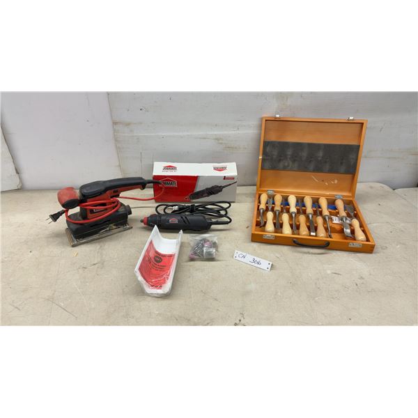 Jobmate 1/3 Sheet Orbital Sander, Rotary Tool Kit, and Wood Carving Chisel Set