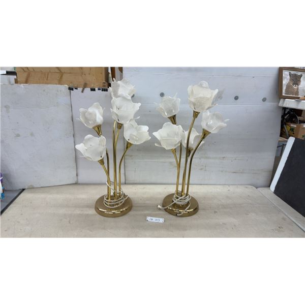 Pair of Brass-Tone Tulip Table Lamps with Frosted Glass Flower Shades, 33" High