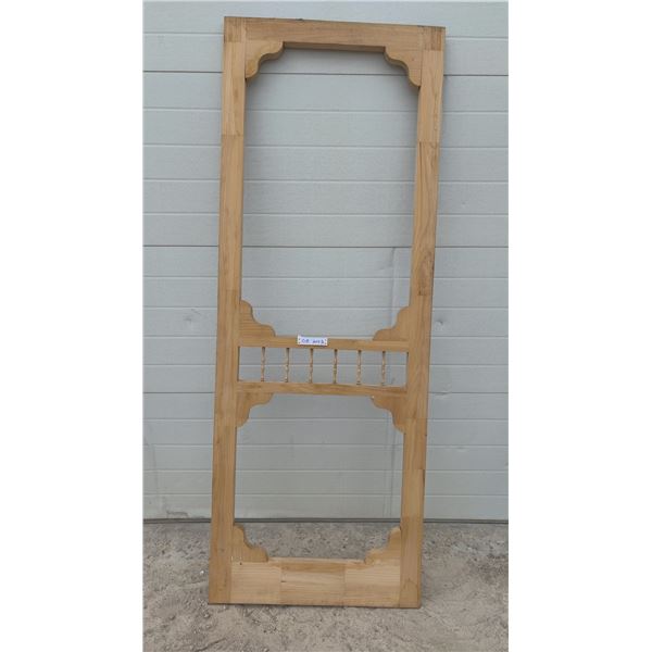 Unfinished Wood Screen Door Frame with Decorative Corner Cutouts and Turned Spindles, 30 x 81"