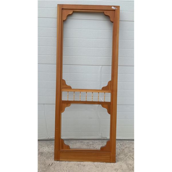 Wooden Screen Door Frame with Decorative Corner Accents and Spindle Detail, 32 x 81"