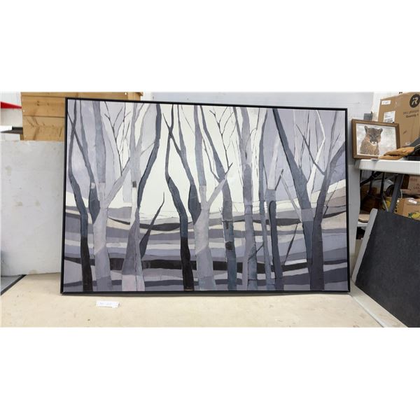 Large Framed Abstract Forest Canvas Painting with Bare Trees in Grey Tones and Black Floating
