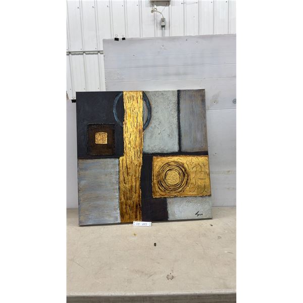 Abstract Geometric Oil Painting on Canvas, Signed, Gold and Gray Tones, 32 x 32"