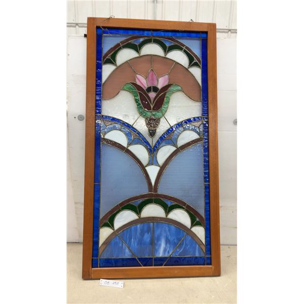 Art Deco Style Stained Glass Panel with Lotus Floral Design in Wooden Frame, 48 x 24"
