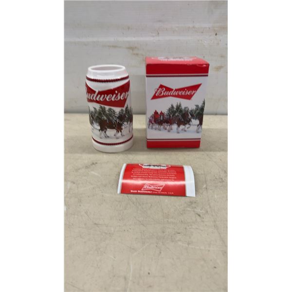 Budweiser 2016 December Excursion Clydesdale Stein, Busch Light Draft Tap Handle, and Horse Shoe