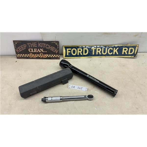 Pittsburgh Click-Type Torque Wrench with Case, Smith & Wesson Flashlight, Metal Signs, and More