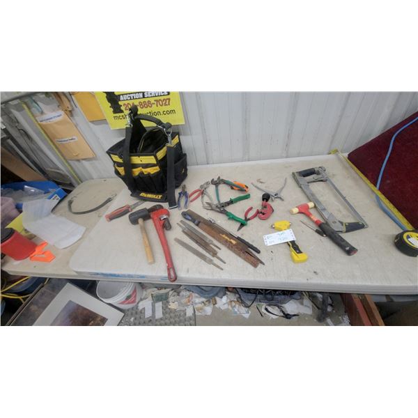 DeWalt Tool Bag with Irwin Hacksaw, Pipe Wrench, Files, Pliers, Pipe Cutter, and More